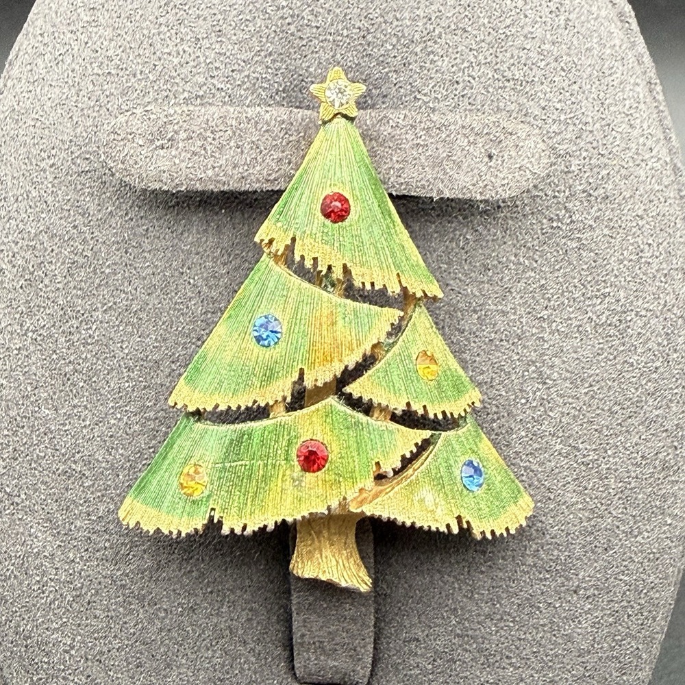 Vintage Textured Enamel Multicolor Rhinestone Christmas Tree Brooch Holiday Pin